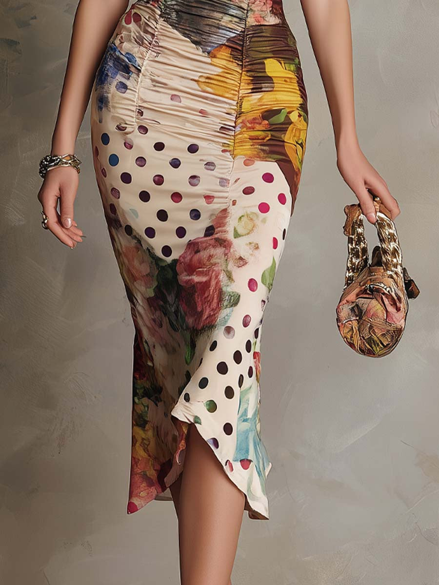 Odette | Robe midi moulante froncée à imprimé mélangé et bordure en dentelle