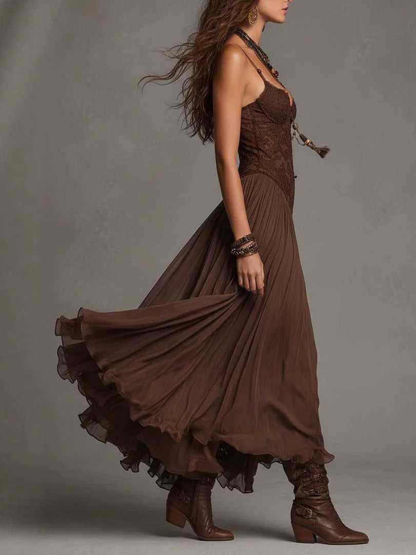 Chloé | Robe midi fluide et sexy en dentelle, avec col en V et volants