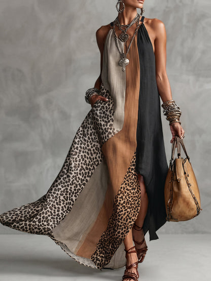 INÈS | Abito Maxi Halter con Stampa Leopardo e Inserti Asimmetrici