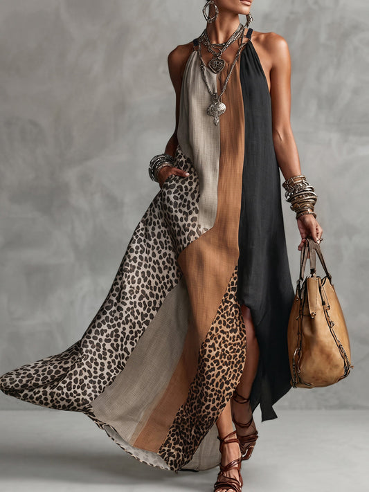 INÈS | Robe longue dos nu à imprimé léopard avec empiècements asymétriques