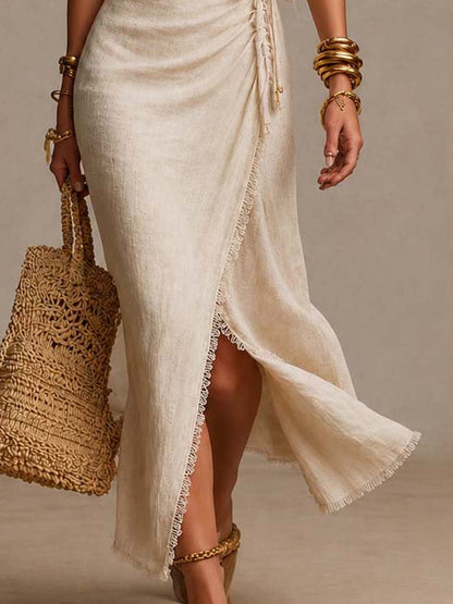 Albane | Robe midi en lin naturel avec décoration en V