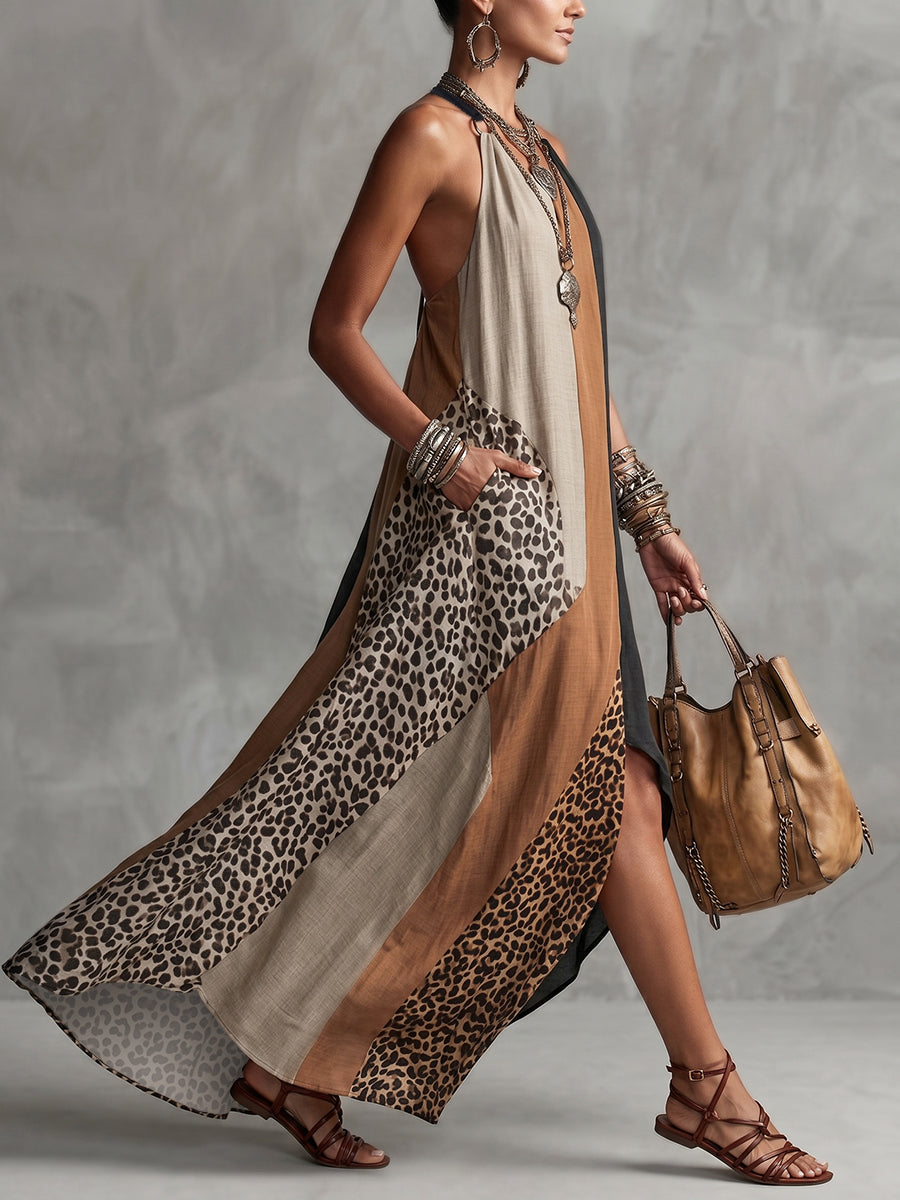 INÈS | Abito Maxi Halter con Stampa Leopardo e Inserti Asimmetrici