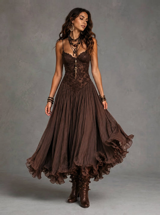 Chloé | Robe midi fluide et sexy en dentelle, avec col en V et volants