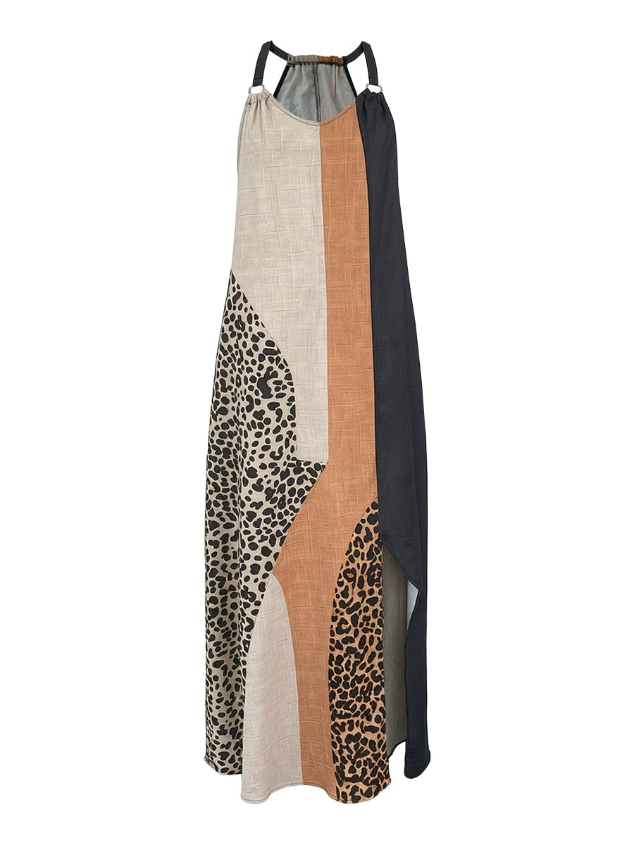 INÈS | Abito Maxi Halter con Stampa Leopardo e Inserti Asimmetrici