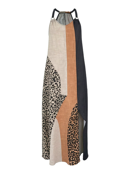 INÈS | Abito Maxi Halter con Stampa Leopardo e Inserti Asimmetrici