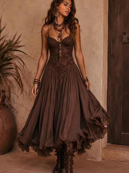 Chloé | Robe midi fluide et sexy en dentelle, avec col en V et volants