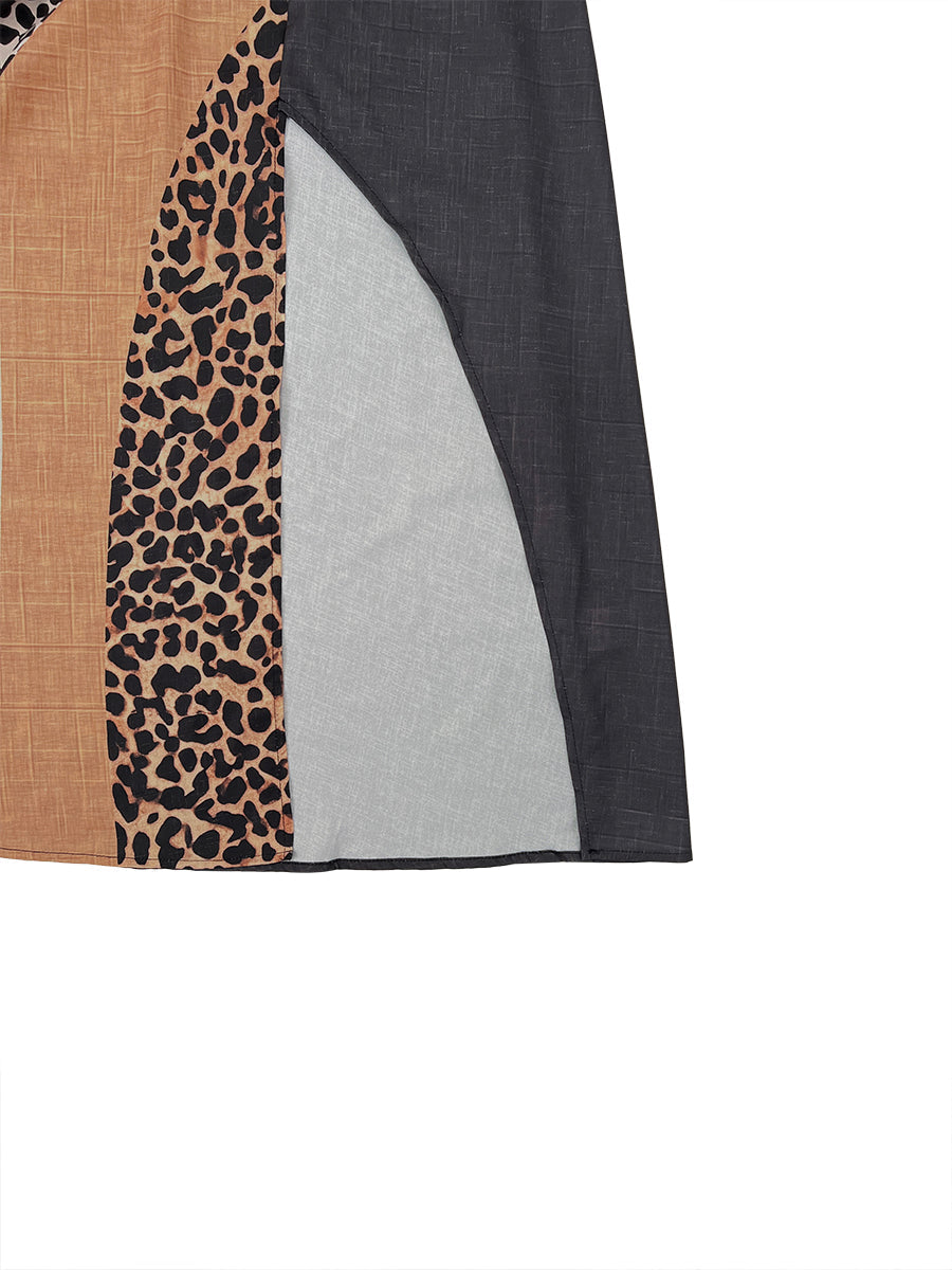 INÈS | Abito Maxi Halter con Stampa Leopardo e Inserti Asimmetrici