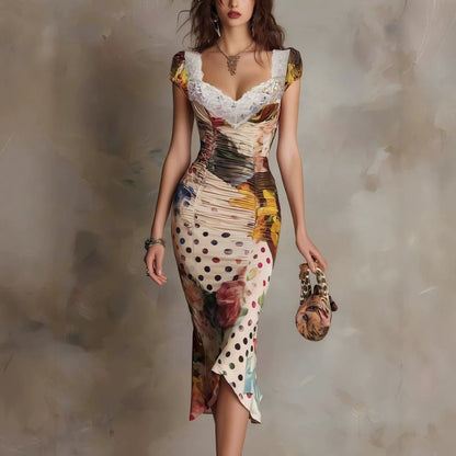 Odette | Robe midi moulante froncée à imprimé mélangé et bordure en dentelle