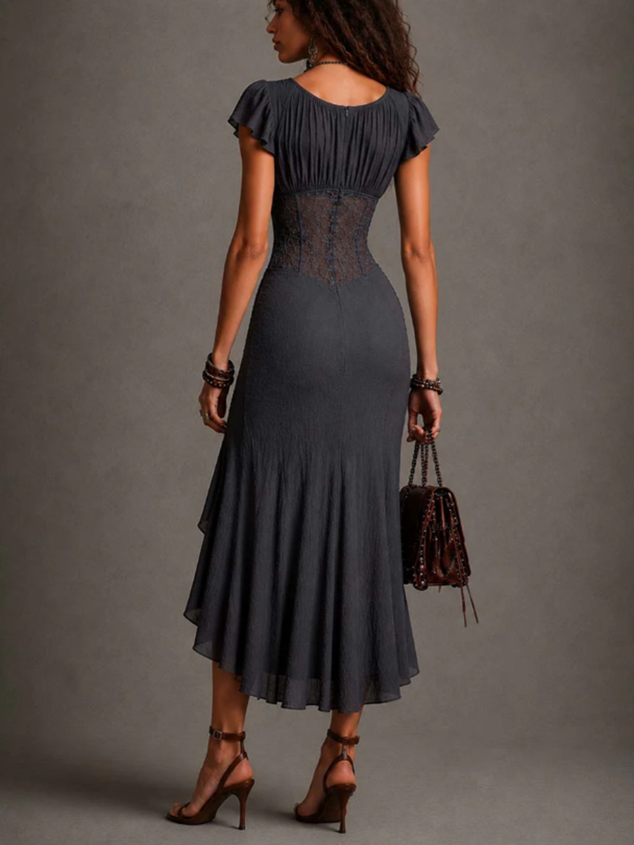 Anaïs | Robe Midi en Dentelle et Mousseline de Soie à Col en V, Gris Anthracite